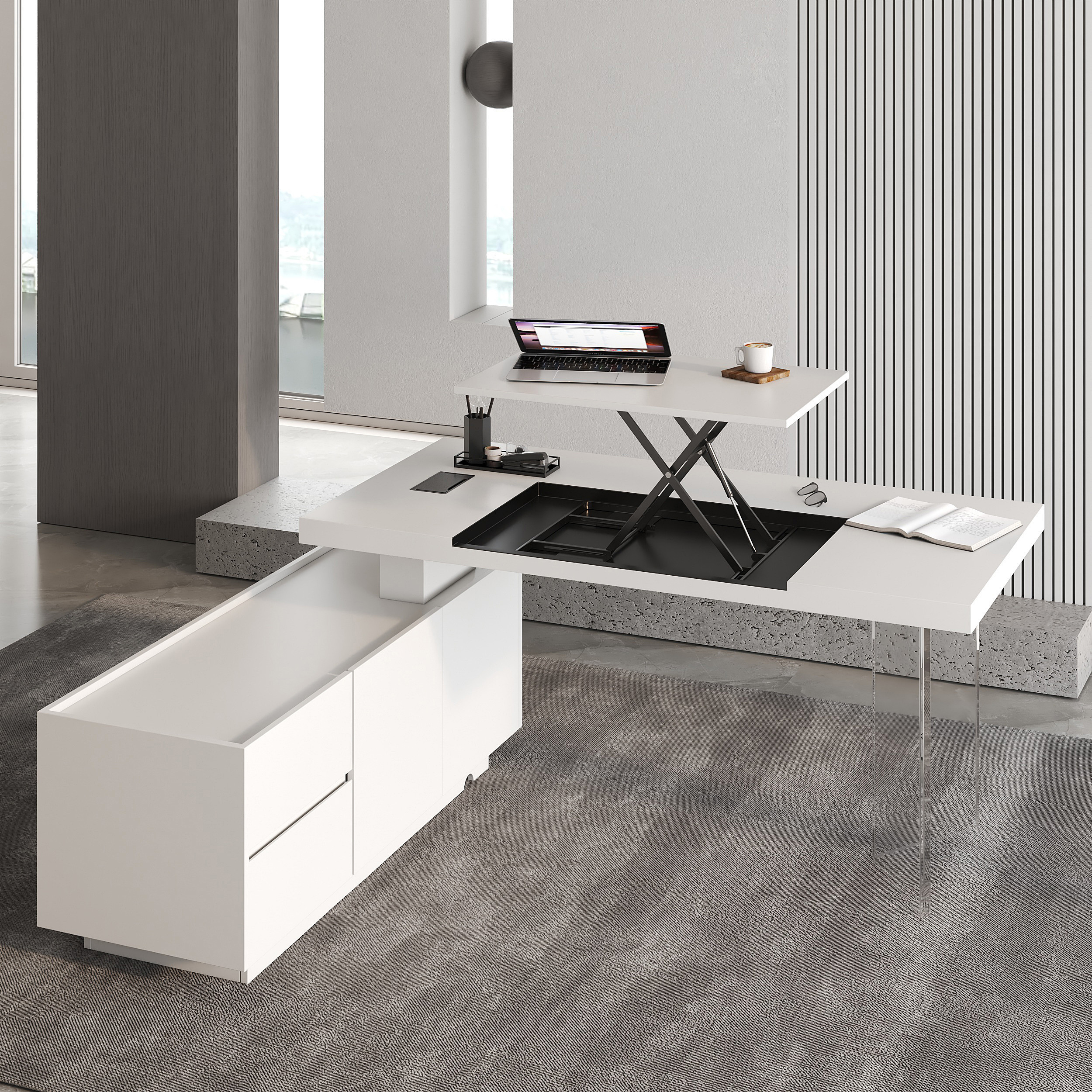 71.5" Modern White L-Shape Executive Desk with Side Cabinet Height Adjustable Desktop Standing Desk with Clear Arcylic Leg | Homary