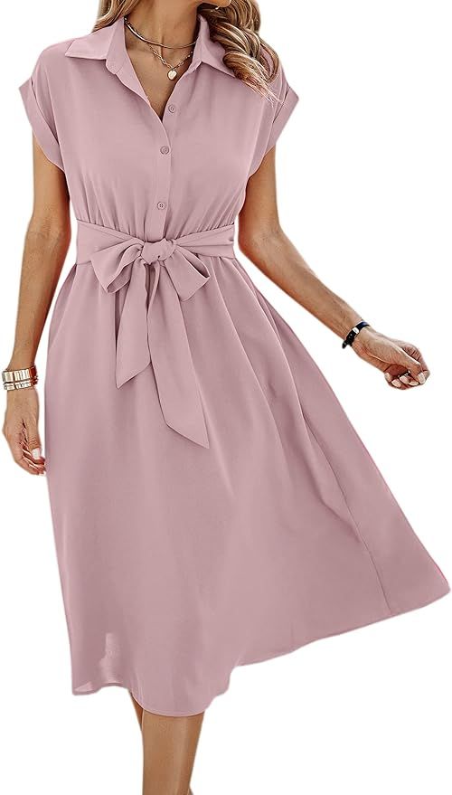 ECOWISH Womens Casual Midi Dresses Solid V Neck Short Sleeve Button Shirt Belted Dress with Pocke... | Amazon (US)