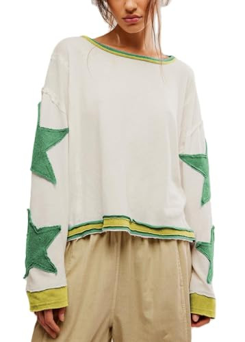 Y2k Oversized Sweatshirt for Women Crewneck Graphic Sweatshirts Long Sleeve Drop Shoulder Preppy Shirts Pullover Tops (US, Alpha, Medium, Regular, Regular, Star Green White) | Amazon (US)