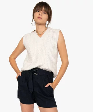 Pull femme sans manches en maille torsadée beige | Gemo