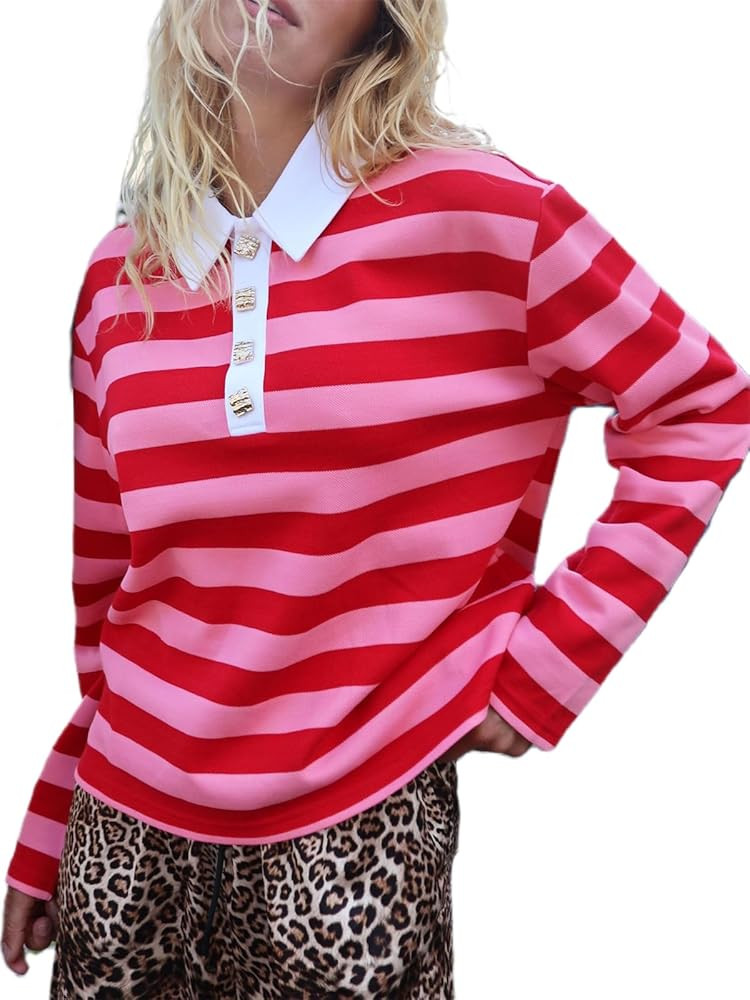 Alyweatry Women Oversized Rugby Polo Shirts Long Sleeve Striped V Neck Lapel Collared Polo Sweats... | Amazon (US)