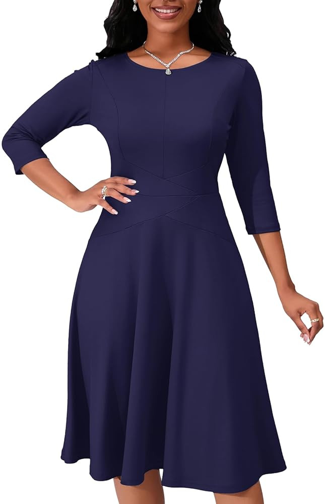 Womens Dresses 2025 3/4 Sleeve Midi Dress Casual Crew Neck High Waist Flowy A-line Wrap Swing Fla... | Amazon (US)