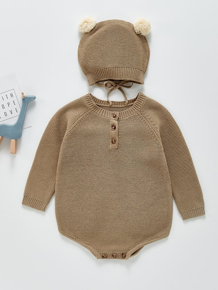 Baby Quarter Button Up Raglan Sleeve Knit Bodysuit With Hat | SHEIN