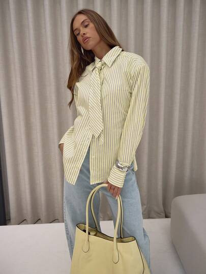 SHEIN X Scot Louie MUSERA Neck Tie Detail Button Down Cinch Tie Waist Stripe Shirt Classy Sexy St... | SHEIN