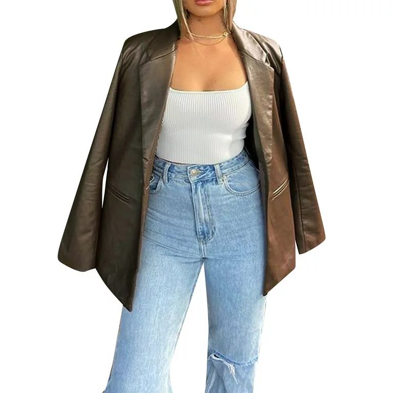 Canrulo Women's Faux Leather Jacket, Long Sleeve Lapel Solid Biker Coat Club Street Office Formal... | Walmart (US)