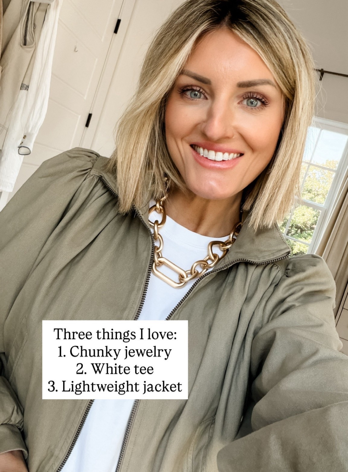 An oversized white tee I have been loving wearing! Plus, this green jacket & chunky gold necklace are the perfect pieces to layer over it!

Loverly Grey, spring jacket, white tee, chunky jewelry, spring accessories, spring outfit 

#LTKSeasonal