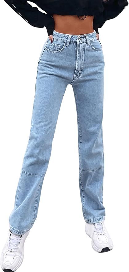 SweatyRocks Women's Casual High Waisted Straight Leg Boyfriend Jeans Denim Pants | Amazon (US)