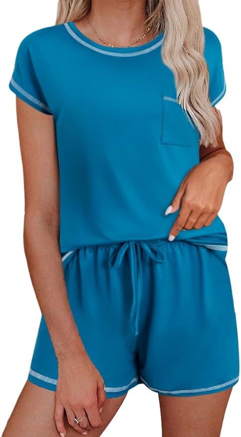 Ekouaer Women Pajamas Set 2 Piece Pj Set Short Sleeve Top and Pants Casual Lounge Set with Pocket | Amazon (US)