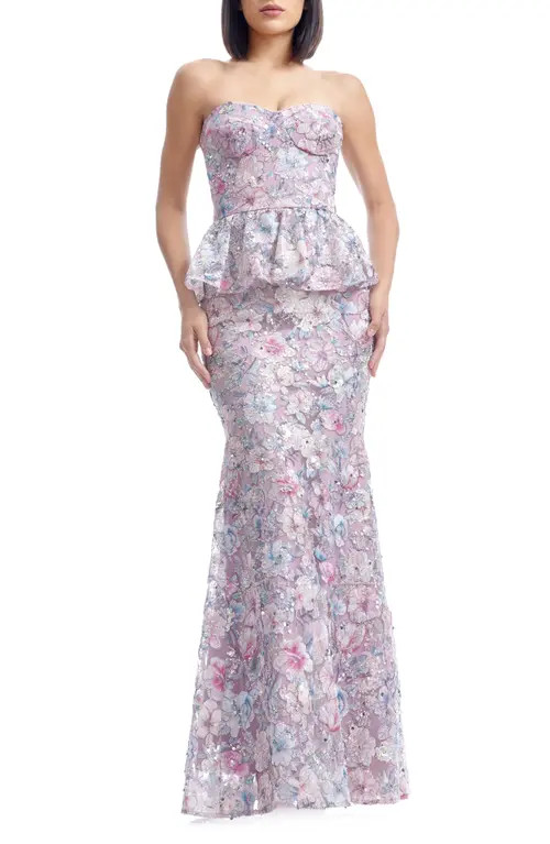 Dress the Population Scarlett Sequin Floral Embroidered Peplum Mermaid Gown in Dusty Lavender at Nordstrom, Size Small | Nordstrom