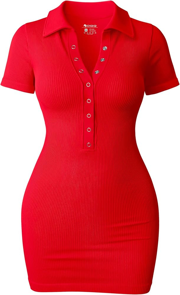 OQQ Women's Mini Dresses Sexy Short Sleeve Stretch Ribbed Tummy Control Bodycon Mini Dress | Amazon (US)