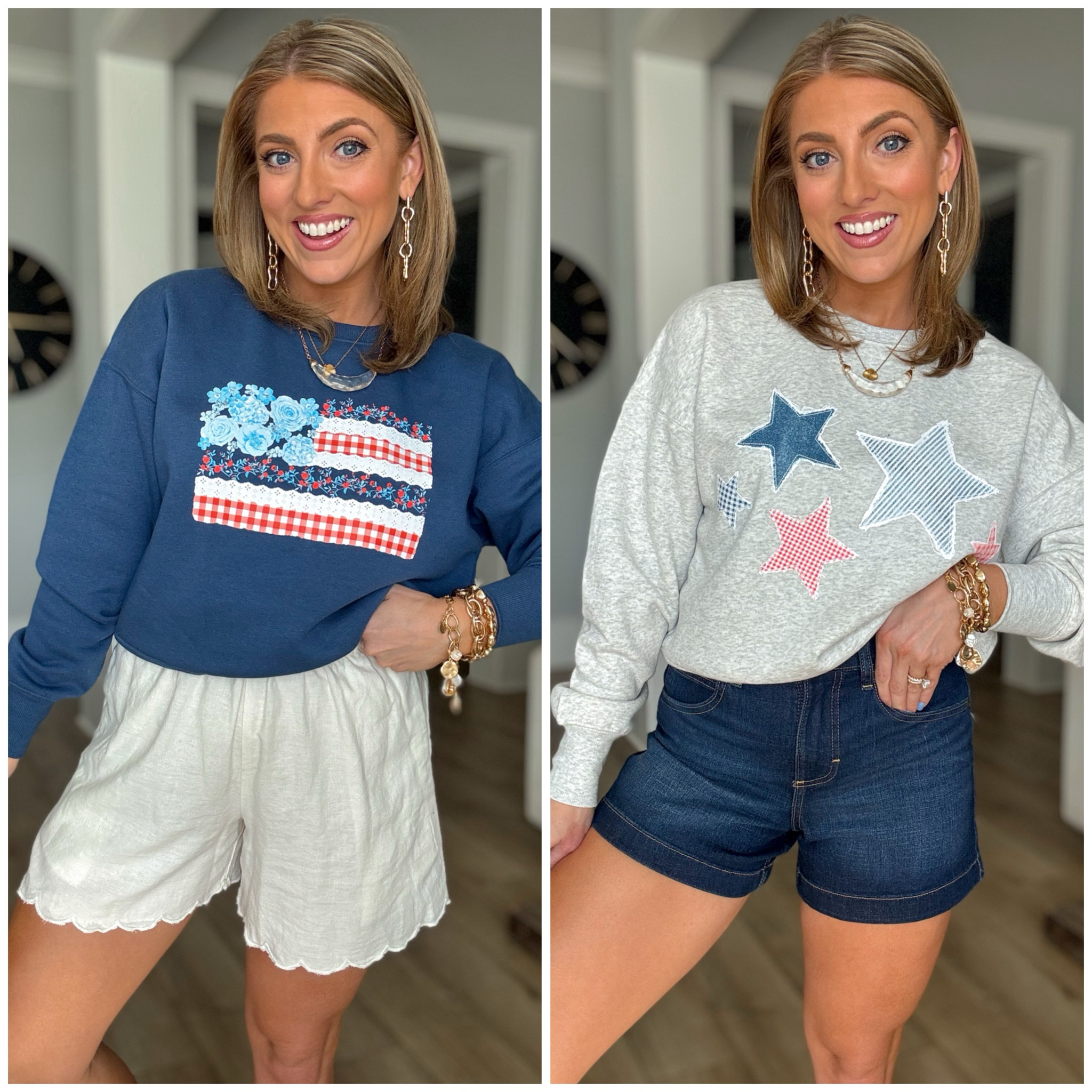 Red, white & cute 🇺🇸✨ these Walmart graphic sweatshirts are giving all the summer patriotic vibes! From the floral flag patchwork to the star details, these feel SO much more expensive than they are 🙌🏼 Paired them with easy everyday shorts for a comfy, cute look you can wear now through the 4th of July ❤️🤍💙 these will sell FAST!

#walmartfashion #walmartfinds #patrioticstyle #fourthofjulyoutfit #summeroutfits #affordablefashion #momstyle #everydaystyle #casualoutfit #budgetfashion #ootdstyle #summerlooks #walmartnewarrivals

#LTKPetite #LTKootd