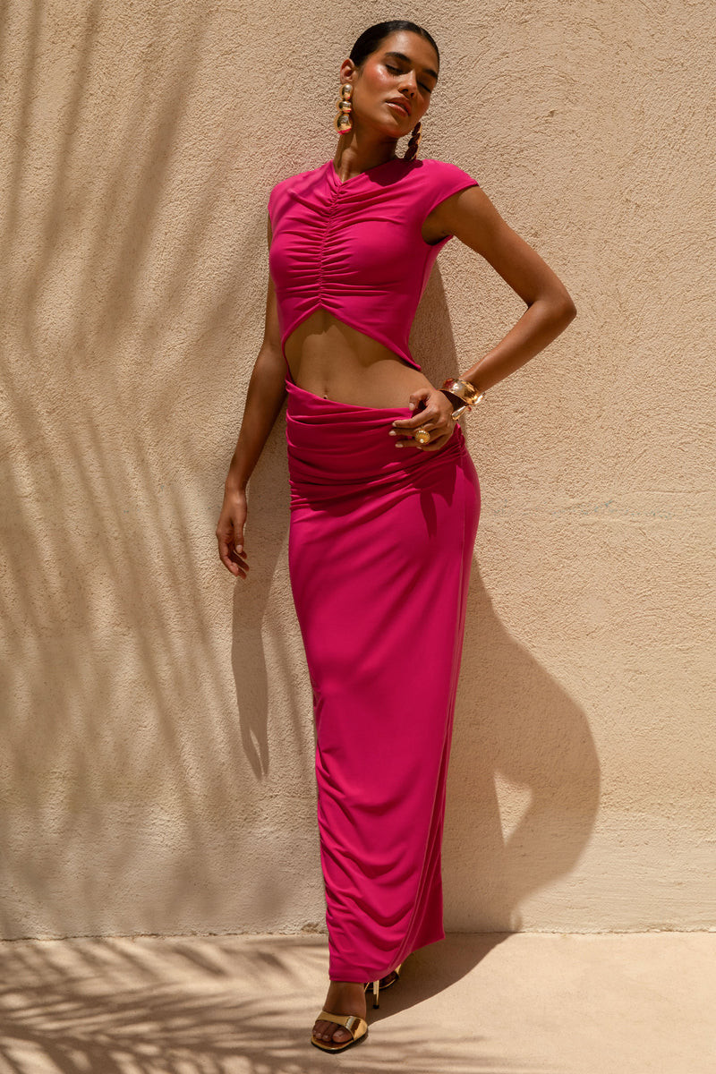 Pia  Hot Pink Short-Sleeve Maxi Dress With Cut-Out | Club L London