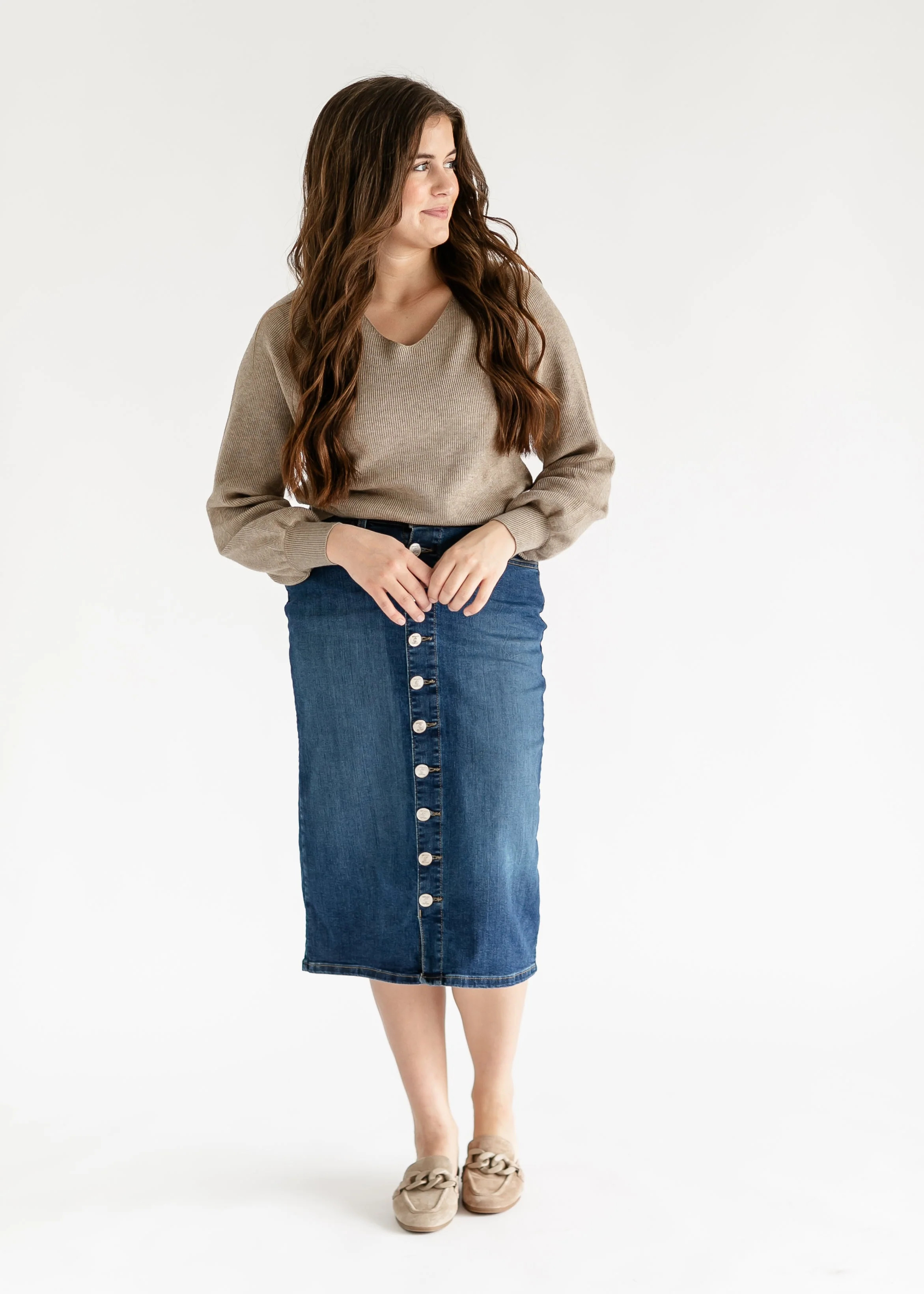 Zana Front Button Denim Midi Skirt | Inherit Clothing Co.