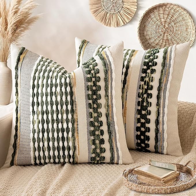ANRODUO Pack of 2 Boho Decorative Throw Pillow Covers 18x18 Farmhouse Cushion Case Striped Chenil... | Amazon (US)