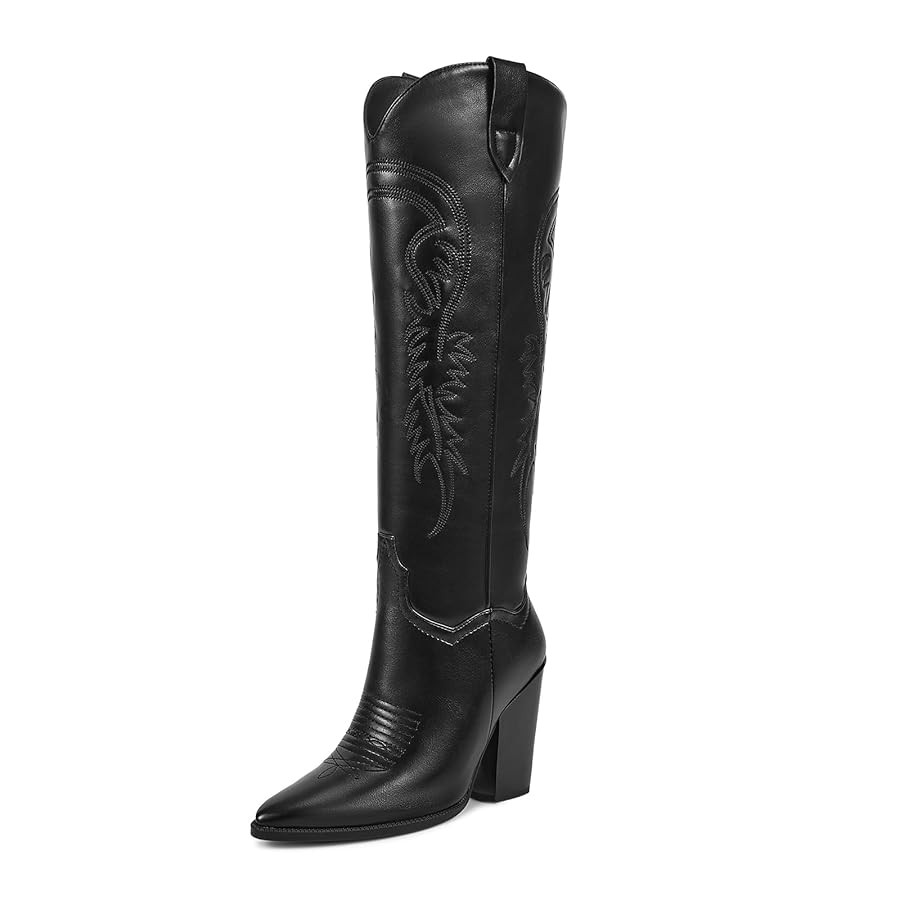 ISNOM Women's Cowgirl Boots Pull On Knee High Boots, Cowboy Western Embroidered Chunky Block Heel... | Amazon (US)
