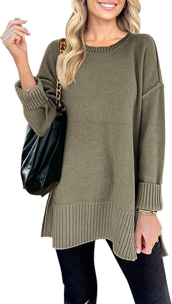 MEROKEETY Women's 2024 Fall Casual Crew Neck Side Split Pullover Sweater Loose Long Sleeve Jumper... | Amazon (US)
