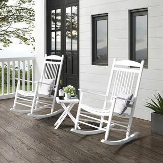 White Solid Wood Patio Outdoor Rocking Chair Set (3-Piece) | The Home Depot