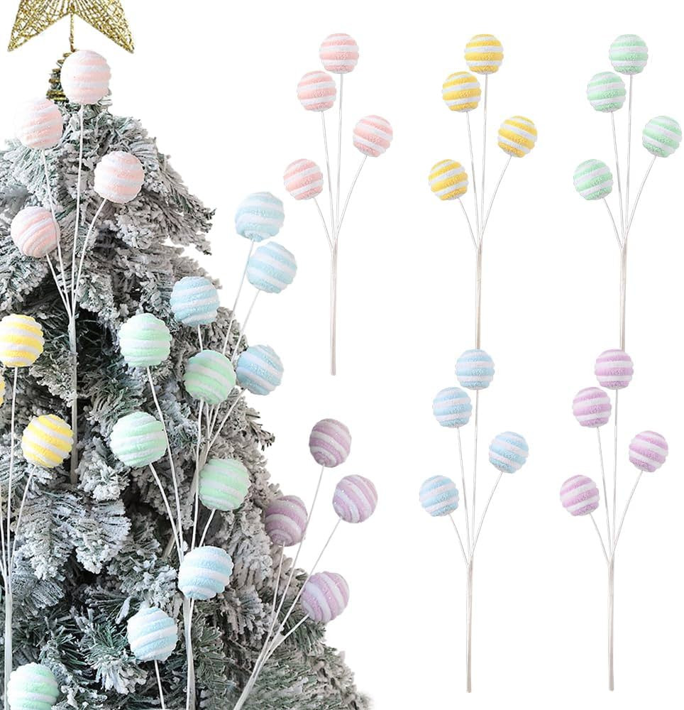 5Pcs Christmas Tree Ball Picks, 14.9” Macaron Color Woolen Spray with Gitter for Christmas Tree... | Amazon (US)