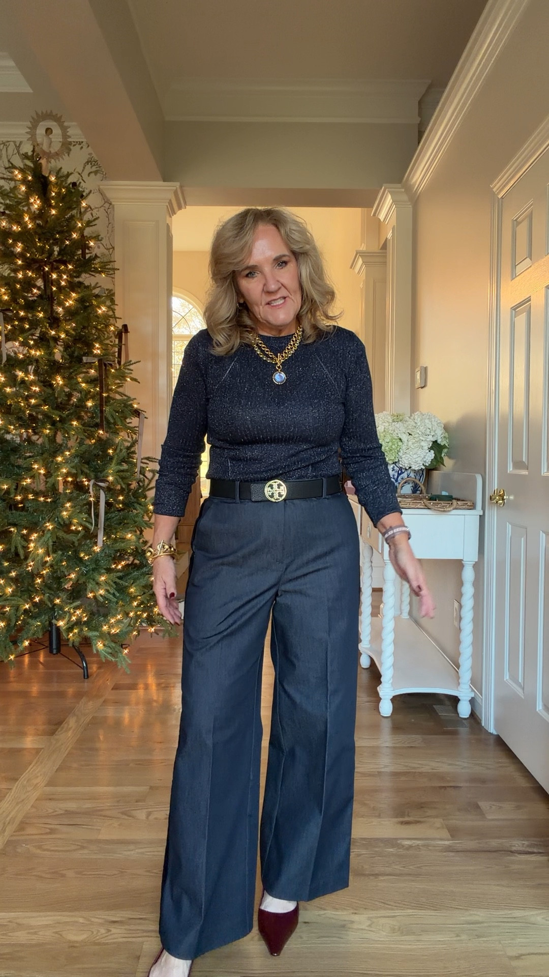 @loft tuxedo stripe jeans size 8 petite 
Metallic sweater size medium 
Slingbacks size up 1/2 
@julievos tanzanite pieces are gorgeous! Definitely splurge worthy 
Tory Burch reversible belt 

New Year’s Eve holiday parties 

#LTKWorkwear #LTKOver40 #LTKHoliday