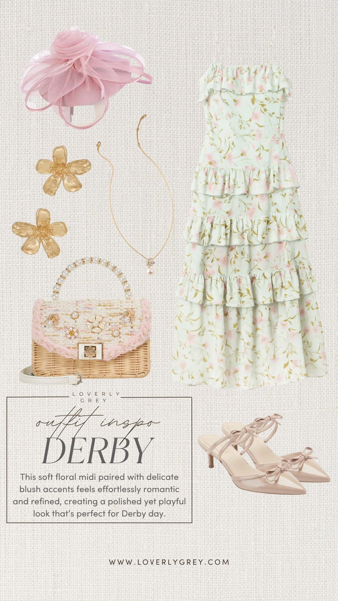 Soft florals and blush accents for the prettiest Derby look 🌸✨ tiered midi dress, feminine heels, statement hat, and delicate gold jewelry perfect for spring events and wedding guest style

Loverly grey, derby outfit, floral midi dress, spring wedding guest dress, feminine spring outfit, blush heels outfit, garden party dress, pastel outfit ideas, romantic spring style, derby fashion, dressy spring outfits 

 #LTKSeasonal
