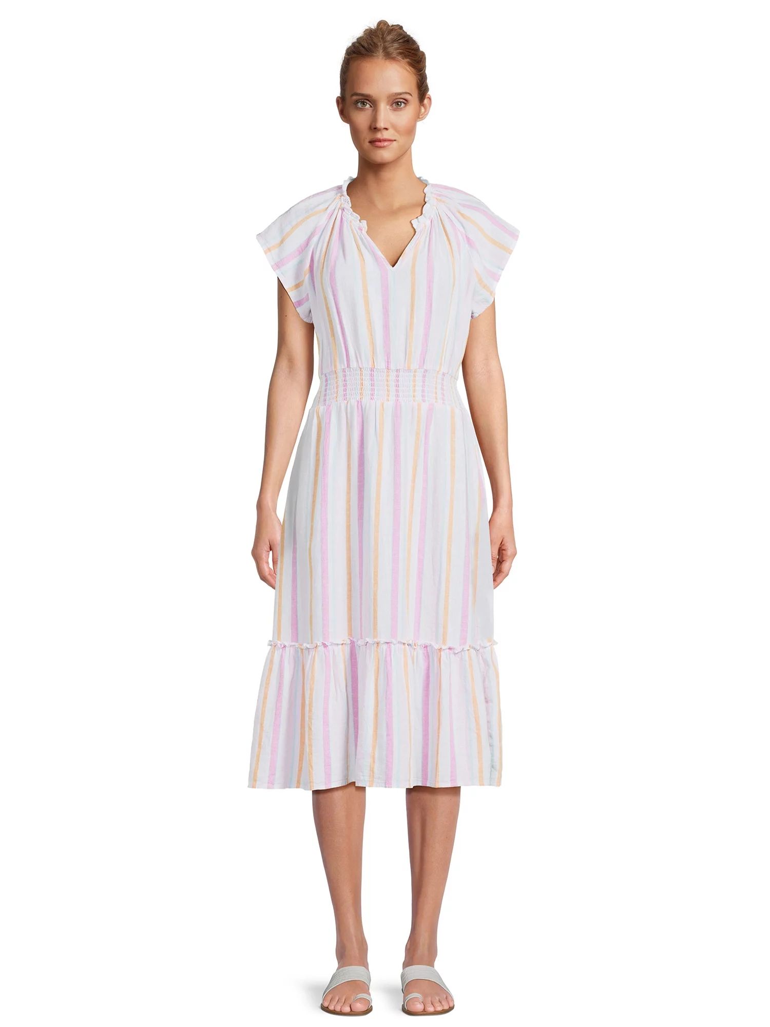 Time and Tru Women's Midi Linen Striped Dress | Walmart (US)