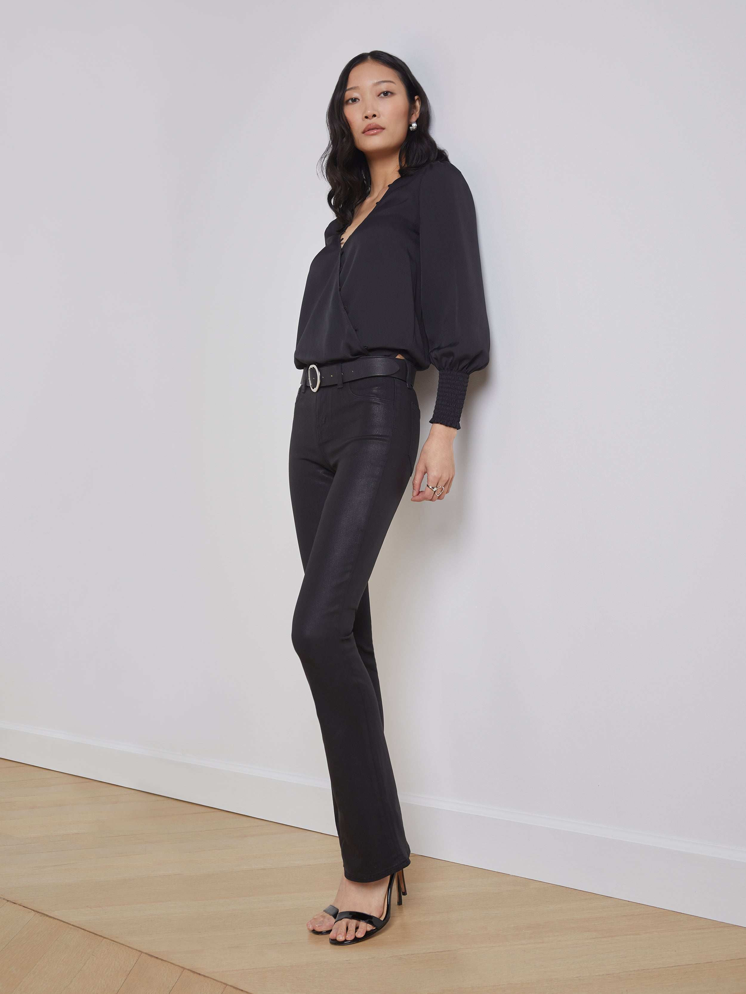 Selma Coated Bootcut Jean in Noir Coated | L'AGENCE | L'Agence
