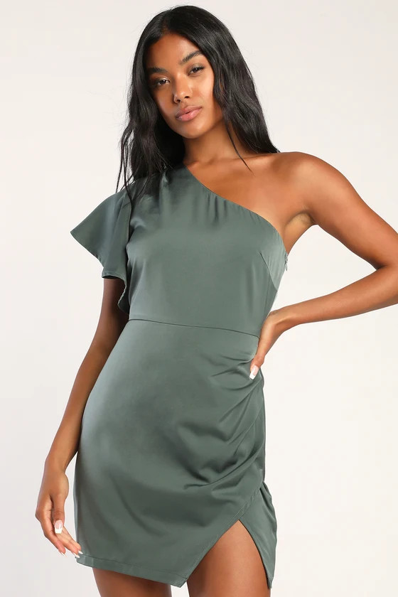 Be The One Dark Sage Satin One-Shoulder Faux Wrap Mini Dress | Lulus (US)