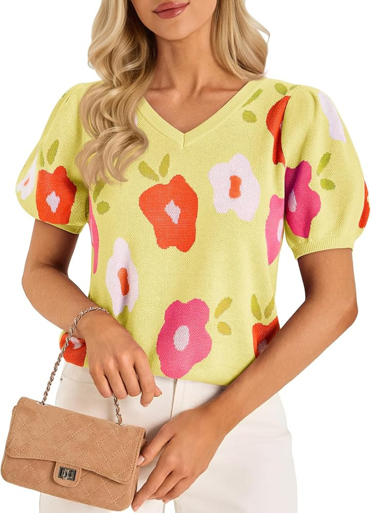 Cicy Bell Womens Puff Short Sleeve Sweater Tops 2026 Spring Summer Floral Pullover V Neck Casual ... | Amazon (US)