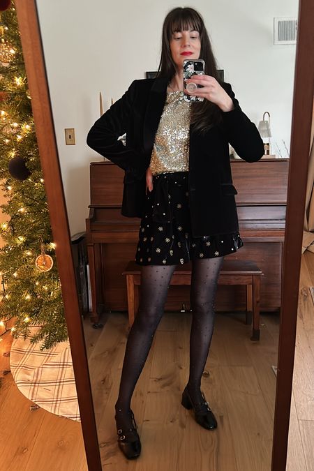 A holiday outfit ft. velvet blazer, sequin top, velvet shorts, sparkly tights, and black patent shoes! #sezane 

#LTKHoliday