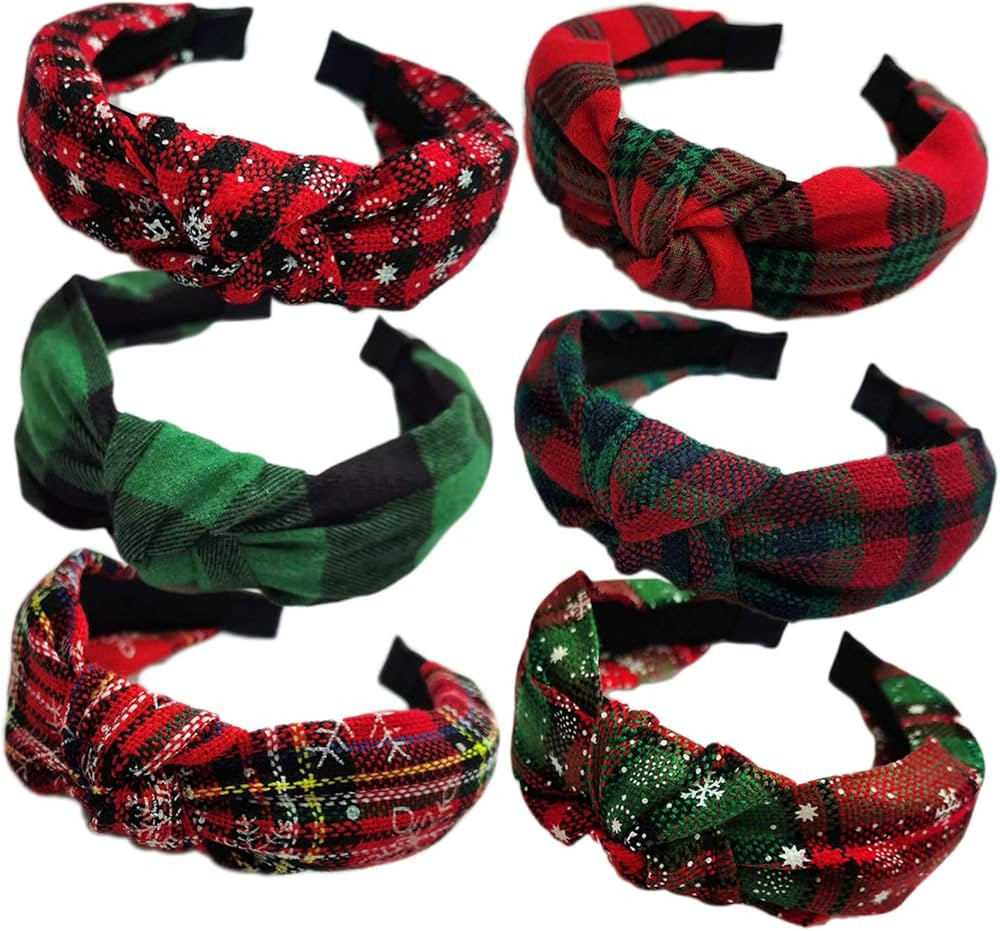 KizBruo 6PCs Christmas Plaid Knotted Plaid Headbands Fashion Vintage Turban Hair Band Retro Wide ... | Amazon (US)