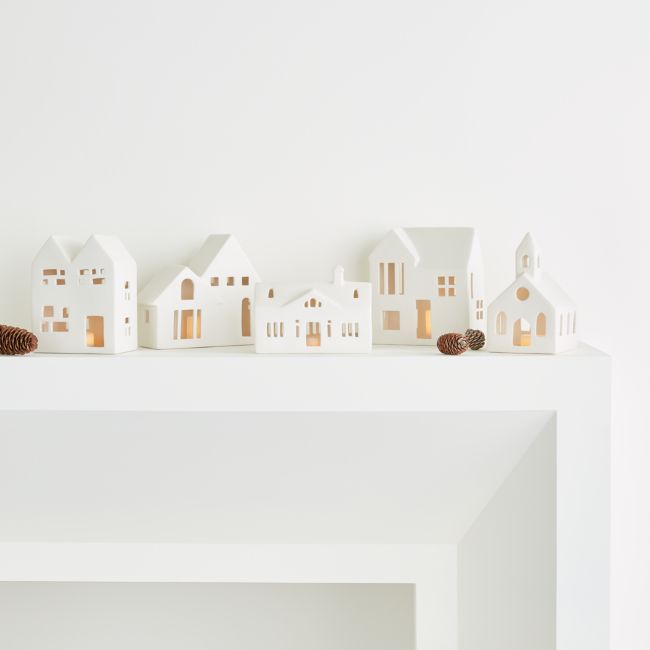 Set of 5 White Ceramic Houses | Crate & Barrel