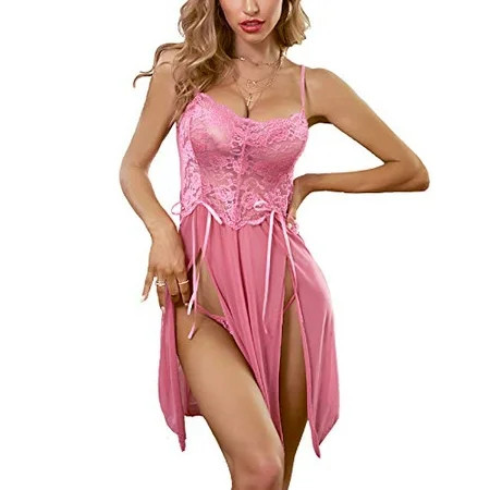 Avidlove Women V-Neck Lace Lingerie Babydoll Mesh Chemise Nightwear Outfits Pink Large | Walmart (US)