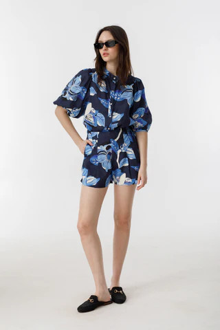 Bubble Linen Shirt - Navy Hibiscus Print | Lanhtropy