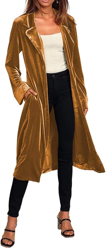 Women Casual Lapel Outwear Velvet Duster Cardigan Draped Open Front Trench Coat | Amazon (US)