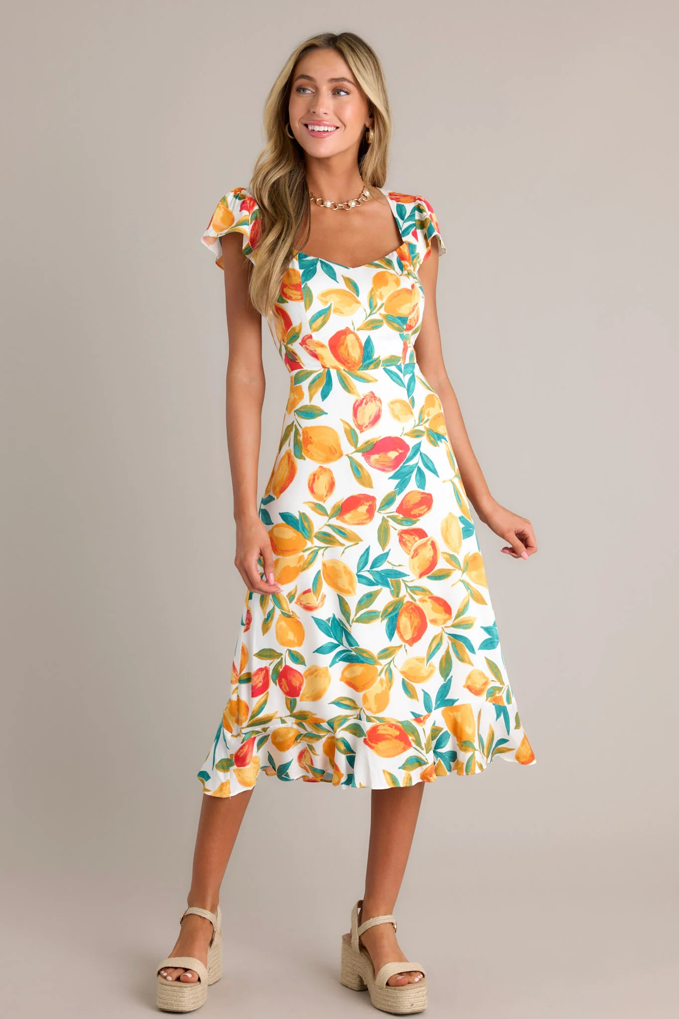 Sunshine & Bliss Ivory Multi Citrus Print Midi Dress | Red Dress