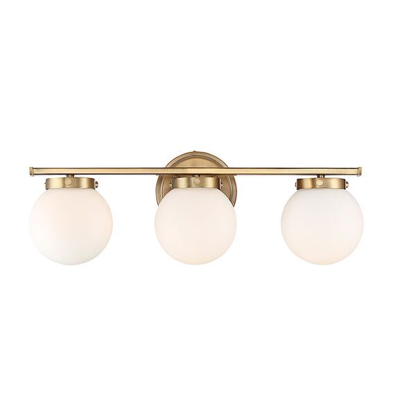 Nicollet Natural Brass Three-Light Bath Vanity with White Opal Glass | Bellacor