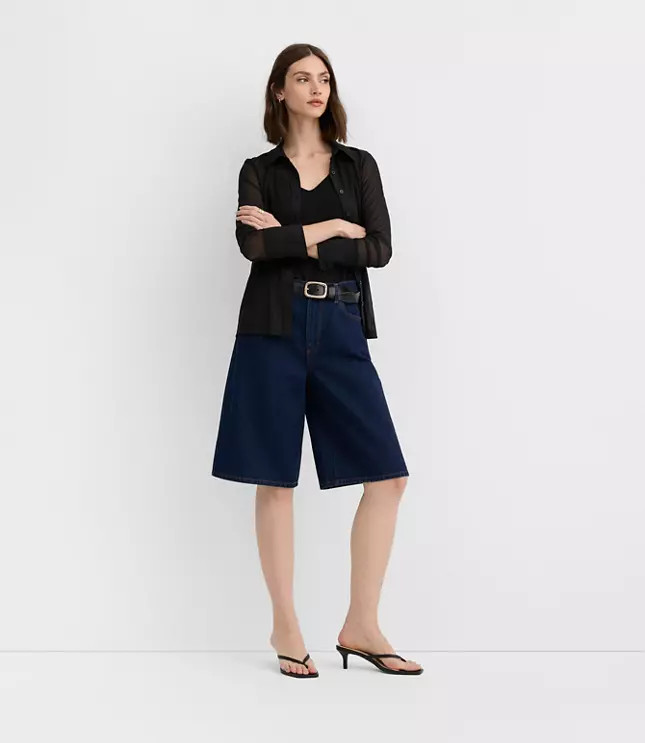 Rivete High Rise Denim Bermuda Shorts in Dark Rinse | LOFT