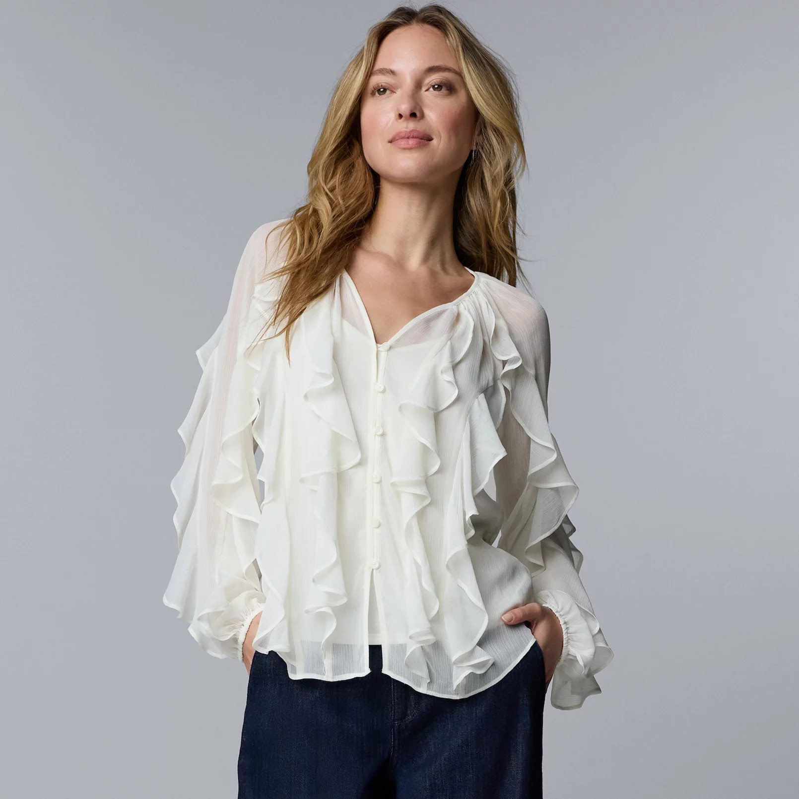 Women's Simply Vera Vera Wang Long Sleeve Ruffled Blouse | Kohl's