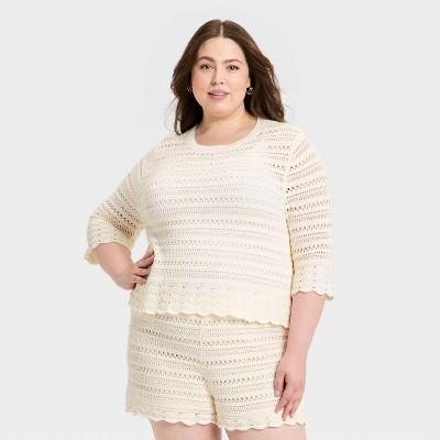 Women's Quarter Sleeve Openwork Crewneck Pullover Sweater - Universal Thread™ Cream 4X | Target