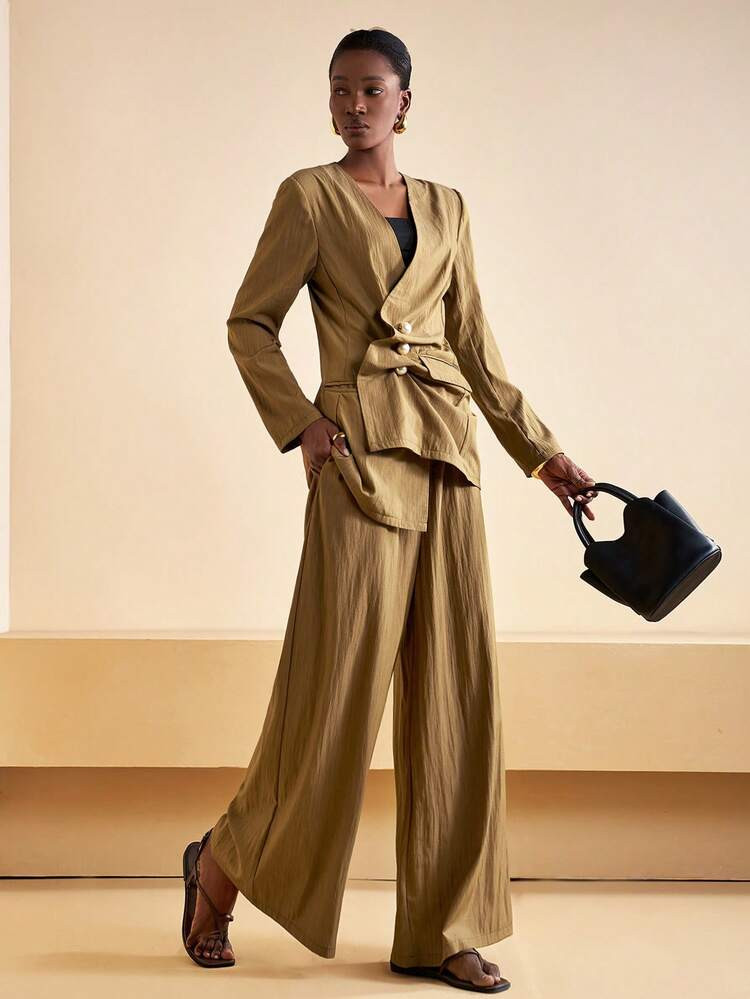 Zivah Early Autumn/Winter New Collection For Birthday Parties, Graduation Season, Daily Outings, Basic, Versatile, Casual Vacation, Cruise Travel, Internet Celebrity Bestitems, Casual Elegance, Commuting, Casual Street Party, OL Style, V-Neck, Long-Sleeved, Asymmetrical Button, Faux Pearl Button Decoration, Asymmetrical Hem, Long-Sleeved Top + Super Long Pants, Flared Pants, Khaki Brown Pleated Fabric, Women's Two Pieces Set -A | SHEIN