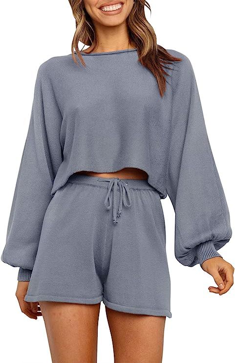 ZESICA Women's Casual Long Sleeve Solid Color Knit Pullover Sweatsuit 2 Piece Short Sweater Outfi... | Amazon (US)