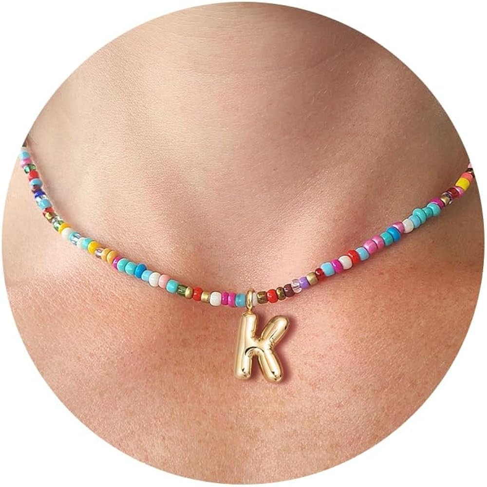 HANLI Gold Initial Necklace for Women - Boho Colorful Bubble Letter A-Z Beaded Necklace Choker Pe... | Amazon (CA)