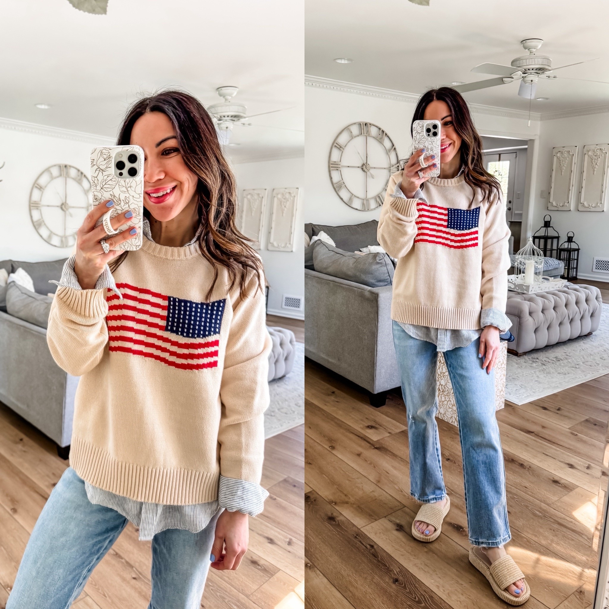 Flag sweater small. Linen button-down shirt small. Jeans 25. Sandals TTS.