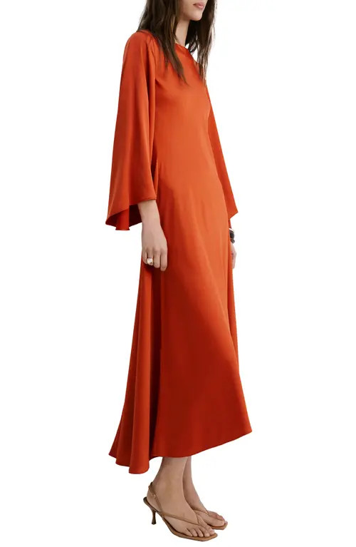 MANGO Long Sleeve Flare Satin Maxi Dress in Russet at Nordstrom, Size 4 | Nordstrom
