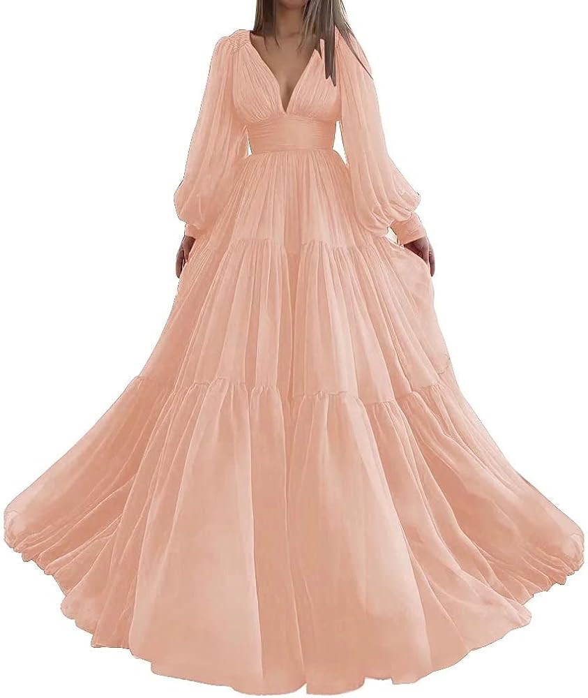 Long Sleeve Tulle Prom Dresses V Neck Formal Evening Party Gown for Women A Line Wedding Dress | Amazon (US)