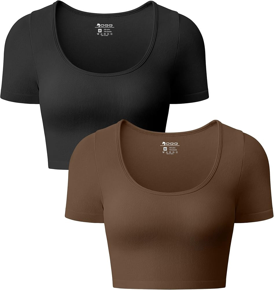 OQQ Women's 2 Piece Crop Tops Sexy Ribbed Seamless Short Sleeve Shirts Scoop Neck Top | Amazon (US)