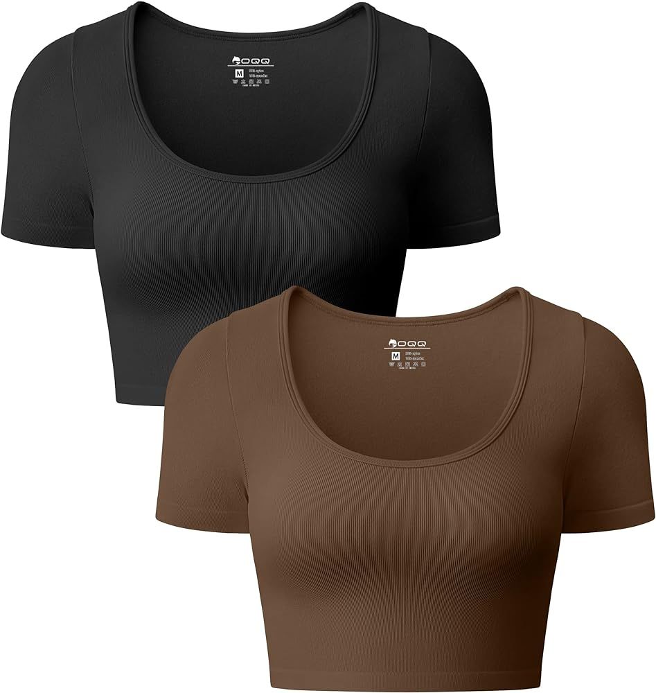 OQQ Women's 2 Piece Crop Tops Sexy Ribbed Seamless Short Sleeve Shirts Scoop Neck Top | Amazon (US)