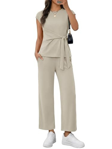 Casly Lamiit 2 Piece Outfits for Women Airport Travel Lounge Set Short Sleeve Top Wide Leg Pants Matching Spring Casual Clothes Dark Beige S | Amazon (US)