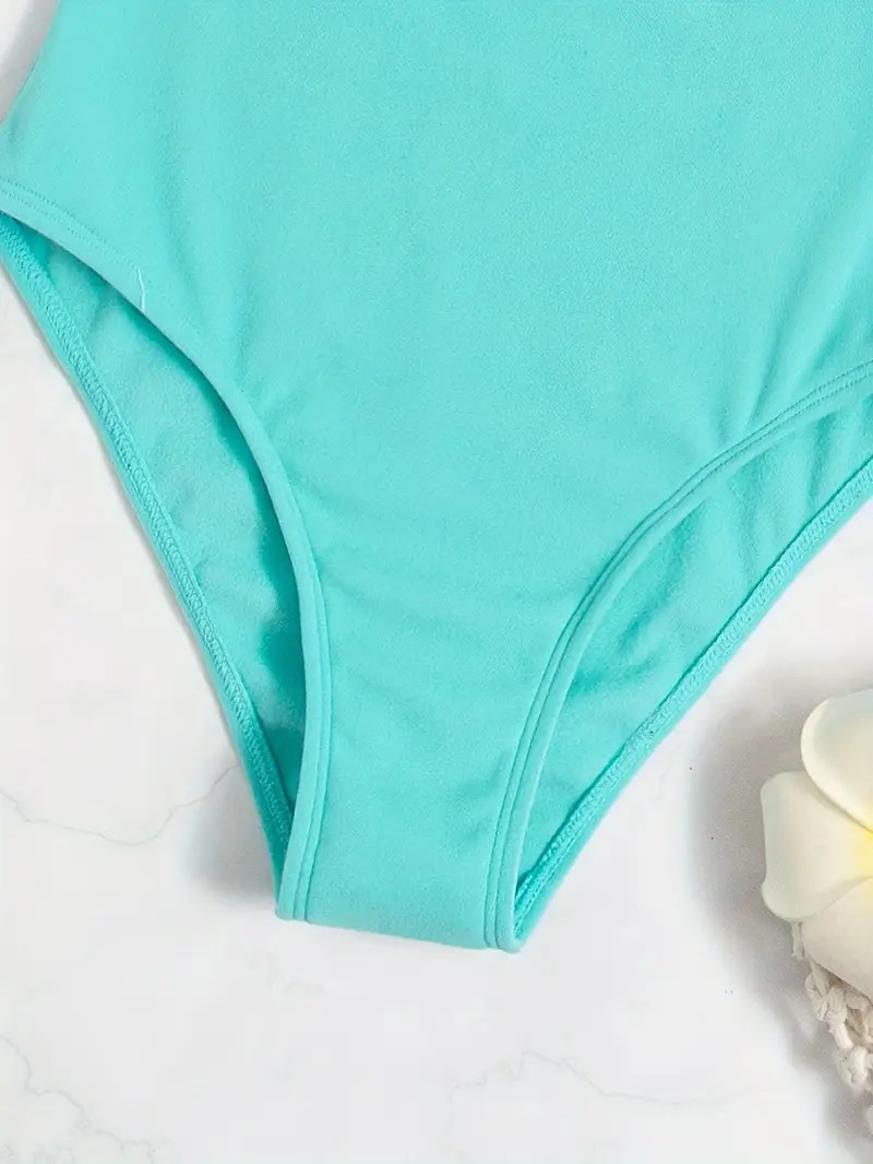 Ruffle V Neck Cyan One piece Swimsuit Plain High Stretch - Temu | Temu Affiliate Program