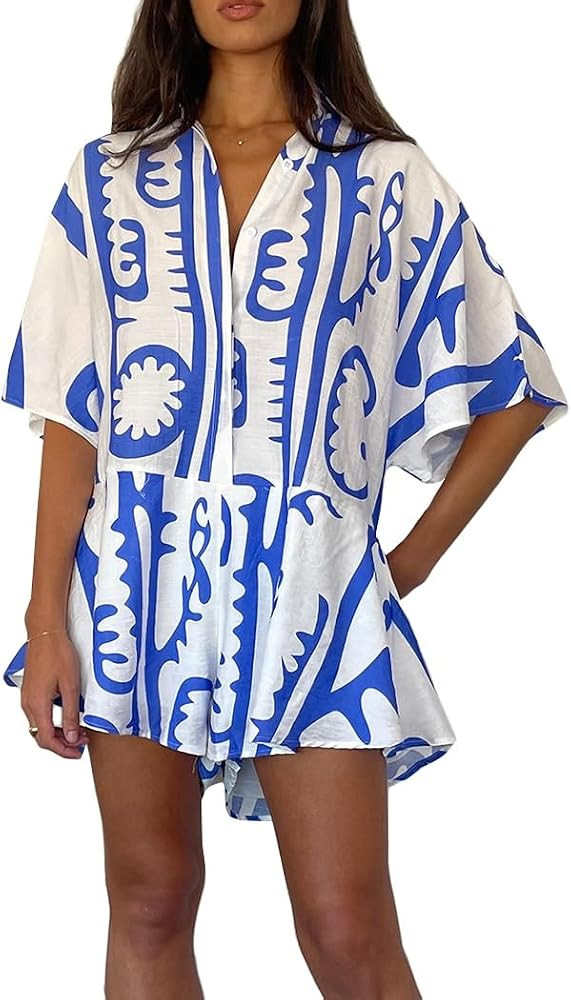 UAURORAO Womens Boho Floral Wide Leg Romper Short Sleeve Button Shirt Jumpsuit Shorts Vintage Gra... | Amazon (US)